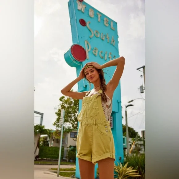NWT FREE PEOPLE WE THE FREE Ziggy Shortalls In Sunny Lime MSRP $88 - Picture 3 of 11